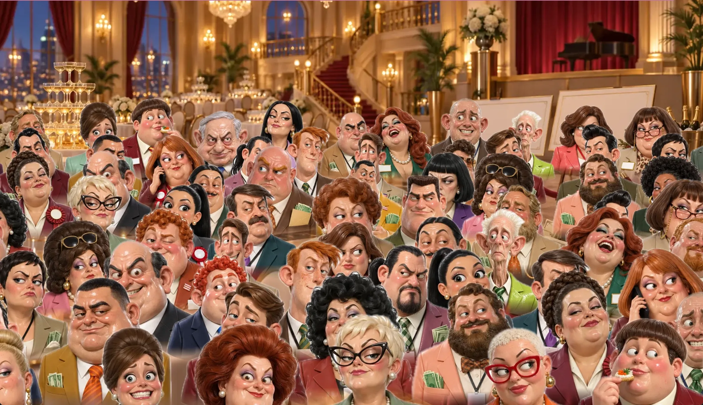 An early screenshot of the game: a ballroom packed with caricatured party guests, Big Yahu somewhere among them.