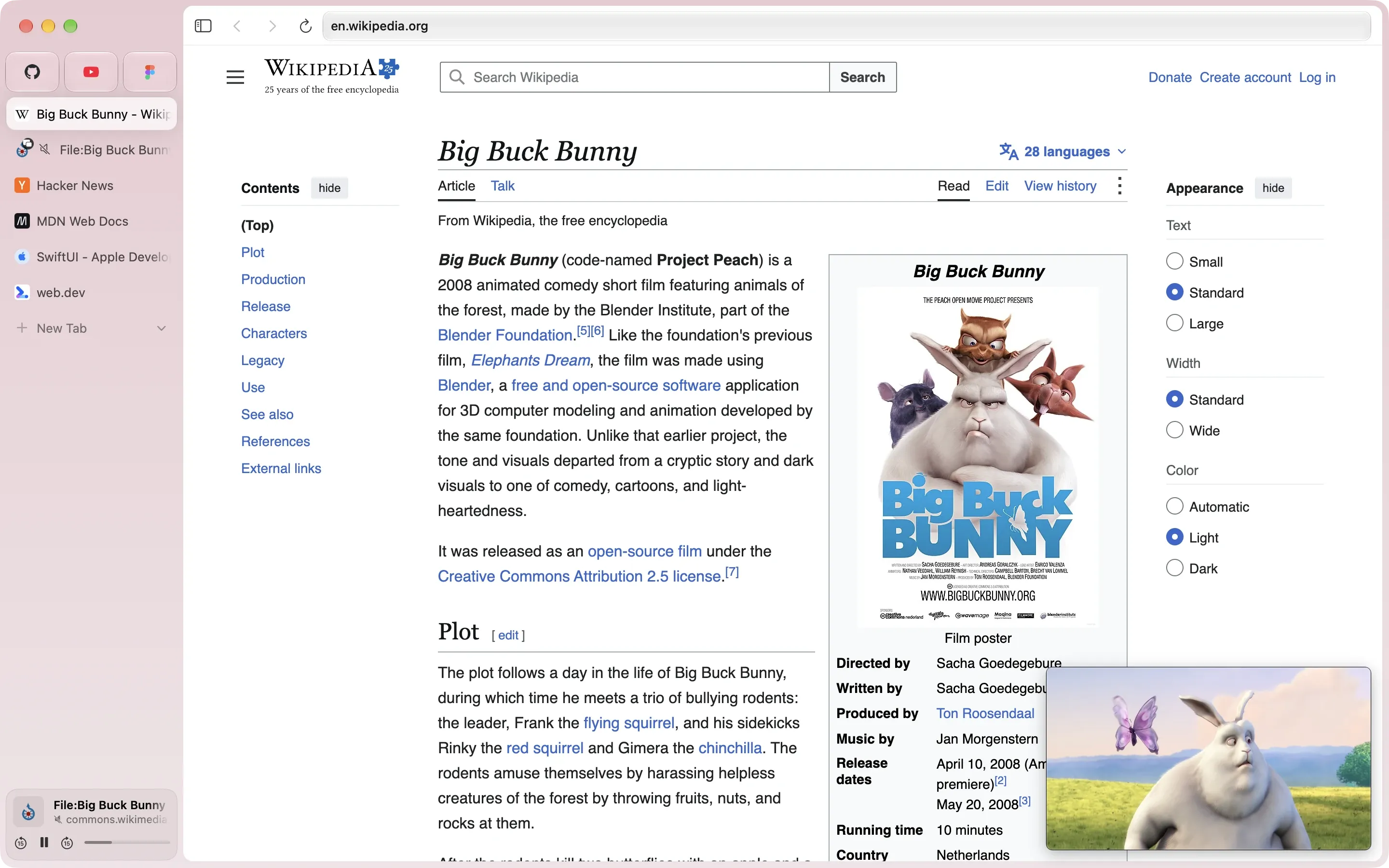 Netnyahoo on Wikipedia’s article about Big Buck Bunny, while the film keeps playing in a small floating window at the bottom right. Its tab, muted, is in the sidebar, with a player at the foot of the sidebar.